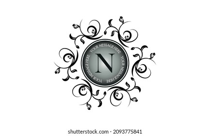 Flower monogram design template for one or two letters such as N with text in a circle. Wedding monogram. Elegant round ornament for business sign, identity of restaurant, boutique, hotel logo