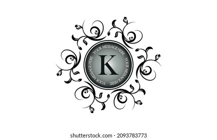 Flower monogram design template for one or two letters such as K with text in a circle. Wedding monogram. Elegant round ornament for business sign, identity of restaurant, boutique, hotel logo