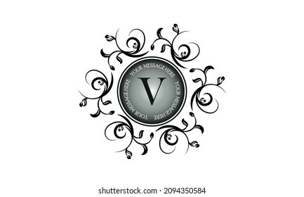 Flower monogram design template for one or two letters such as V with text in a circle. Wedding monogram. Elegant round ornament for business sign, identity of restaurant, boutique, hotel logo