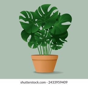 Flower Monstera In Pot Isolated Mint Background
With Gradient Mesh, Vector Illustration