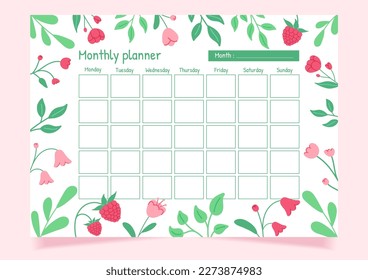 Flower monthly planner template. Minimalistic flat planner.