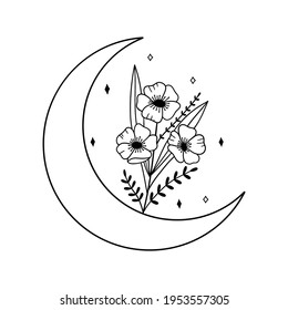 Blumenmoon, Dämmerung. Vektorgrafik, handgezeichnet. Tattoo Design, Logo, Hochzeitseinladung, Grußkarte.