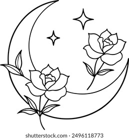 Flower Moon Daisy Vector hand drawn illustration Tattoo design