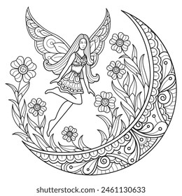 Flower moon and fairy hand drawn for adult coloring book