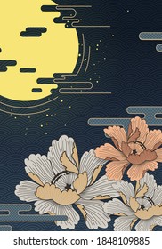 Flor y luna con vector de patrón ondulado japonés.
Fondo de estilo oriental. Festival de mediados de otoño o festival de la luna. oro en azul oscuro. Estilo Vector Flat.