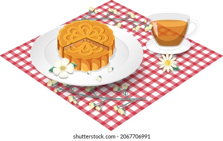 Torta de luna de flores con teacup puesta en la ilustración del mantel