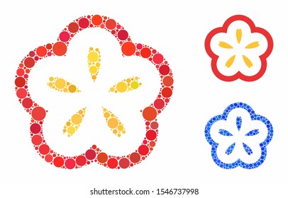 Flower mosaic of round dots in variable sizes and color hues, based on flower icon. Vector round dots are grouped into blue composition. Dotted flower icon in usual and blue versions.