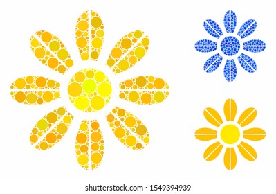 Flower mosaic of small circles in different sizes and color tones, based on flower icon. Vector filled circles are grouped into blue composition. Dotted flower icon in usual and blue versions.