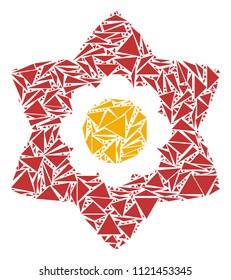 Flower mosaic of triangle items in variable sizes and shapes. Vector triangles are grouped into flower mosaic. Geometric abstract vector illustration.