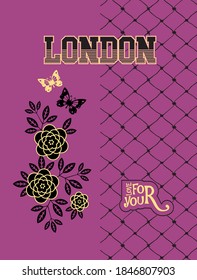 Flower motif and butterfly With a background of wire /London/ Ornate writing Can be printed on t-shirts, pillow, poster, mug, bag