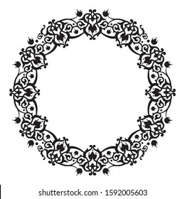 Flower motif pattern,  Decorative frame, Saffron and herbs template, royal floral borders, Round vector frame with design of flowers (saffron flower) and leaves connected by curved lines
