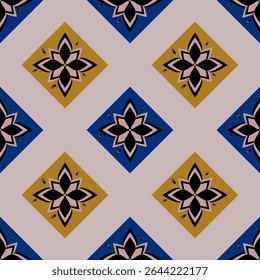 Flower motifs in diamond shape pattern in olive and blue colors. Abstract floral seamless vintage style. Concept of geometric, colorful, repeat, modern, bloom for cloth texture, paper print, textiles.