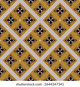 Flower motifs pattern in diamond shape with bold lines cross in olive color. Concept of abstract floral, vintage, geometric, repeat, bloom for cloth texture, textile seamless, wallpaper, wrapping.