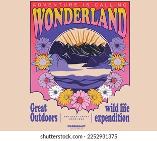 Blume mit Berg. Wunderland Grafikdesign. Felsige Flusskunst für T-Shirt, Poster und andere. Retro.