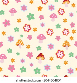 Flower Mushroom Fun Funky 70s Seamless Pattern Background Wallpaper