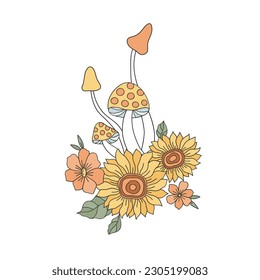 Flower and mushrooms arrangement Retro 70s 60s Groovy Hippie Flower Power vibes vector illustration isolated on white. Boho Summer retro colours floral bouquet print.