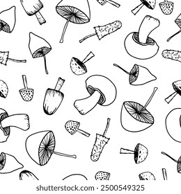 Flower mushrooms pattern, hand-drawn graphics in vintage retro style, for packaging, postcards.