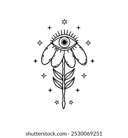 Flower with   mystical eye in doodle style on white background.
