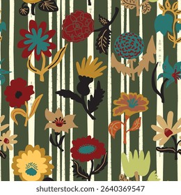 Flower in naive style, hand drawn illustration. Retro style casual element. Seamless pattern