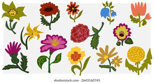 Flower in naive style, hand drawn illustration. Retro style careless element