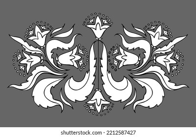 Flower naive traditional pattern background. Ethnic embroidery decoration ornament. Flower symmetry texture. Ornate folk graphic, wallpaper. Festive floral motif. Vector illustration.