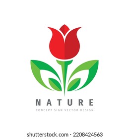 Flower nature concept logo design. Abstract tulip flower  green leaves symbol. Health sign. Vector illustration. 