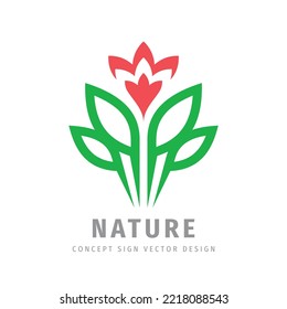 Flower nature concept logo design. Abstract tulip flower green leaves symbol. Health care sign. Vector illustration. 