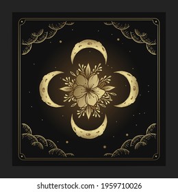 Flower, nature, moon, crescent, mandala in engraving, hand drawn, luxury, esoteric, boho style, fit for paranormal, tarot reader, astrologer or tattoo