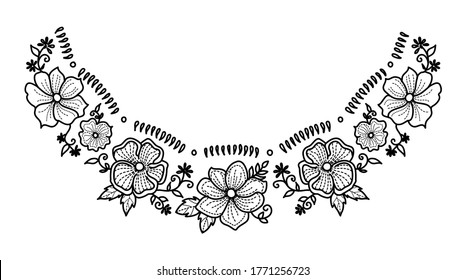 Flower Neck Embroidery isolated in vector. Ornament Floral Neck detail for Women’ s Top, Blouse and T shirt.