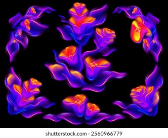 Flower with neon flame glowing gradients effect. Purple fire floral corners, abstract blooming plants with fluid gradient mesh flowers and leaves. vector set