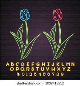 Flower Neon Light Glowing Tulip Symbol Illustration Vector Graphic and Alphabet Set Yellow Light Glowing