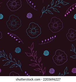 Flower neon seamless pattern on dark background. Hand drawn repeating pattern of floral elements