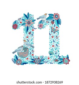 Flower number 11. The figure is 11 months. Sticker for a beautiful photo of your baby as a keepsake. Flowers, birds, nest, butterflies and ladybugs.