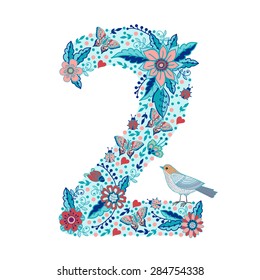 Flower number 2.  Bright floral element made from birds, flowers, petals, hearts and twigs. Illustration for greeting cards, invitations, and other printing projects.