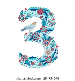 Flower number 3. Bright floral element made from birds, flowers, petals, hearts and twigs. Illustration for greeting cards, invitations, and other printing projects.