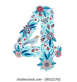 Flower number 4. Bright floral element made from birds, flowers, petals, hearts and twigs. Illustration for greeting cards, invitations, and other printing projects.