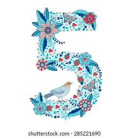 Flower number 5. Bright floral element made from birds, flowers, petals, hearts and twigs. Illustration for greeting cards, invitations, and other printing projects.
