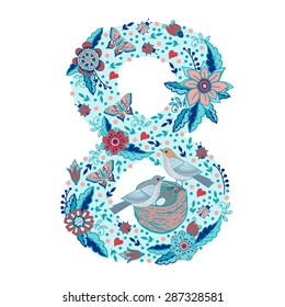 Flower number 8.  Bright floral element made from birds, flowers, petals, hearts and twigs. Illustration for greeting cards, invitations, and other printing projects.
