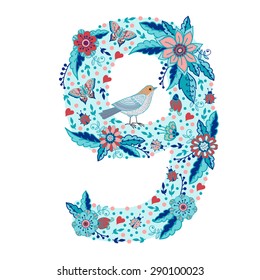 Flower number 9. Bright floral element made from birds, flowers, petals, hearts and twigs. Illustration for greeting cards, invitations, and other printing projects.
