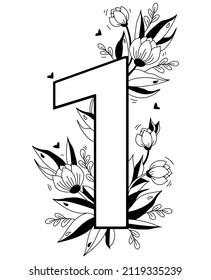 Número de flor. Dígito decorativo de patrón floral Uno. Grande 1 con flores, brotes, ramas, hojas y corazones. Ilustración vectorial sobre fondo blanco. Línea, esquema. Para tarjetas de felicitación, diseño, decoración