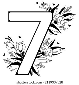 Flower number. Decorative floral pattern numbers seven. Big 7 with flowers, buds, branches, leaves and hearts. Vector illustration on white background. Line, outline. For greeting cards, design, decor