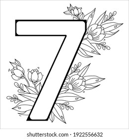 Blumennummer Sieben. Dekoratives Muster 7 mit Blumen, Tulpen, Knospen und Blättern. Vektorgrafik einzeln auf weißem Hintergrund. Linie, Umriss