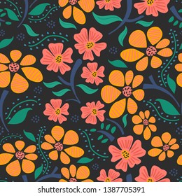 Flower nursery pattern with seamless scandinavian artistic drawing colorful on black background vintage illustration