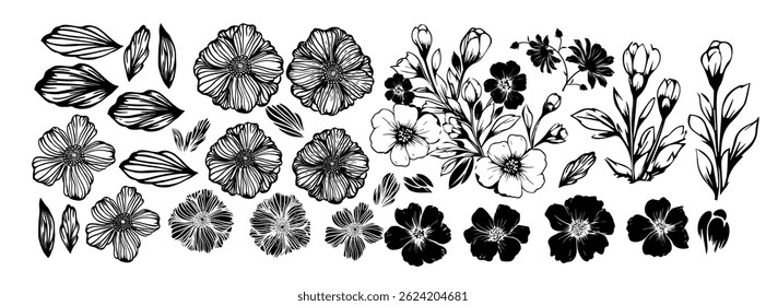 Objetos de flor, vetor flores pote ícone, ilustração em preto e branco, design de silhueta. desenhado à mão. Não AI, Vetor.