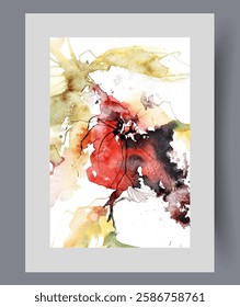 Flower on artwork is in surrealistic style, with branch of flowering plant and bud flying to sides. Watercolor poster with bright red flower on summer tree or shrub, for decorating herbarium