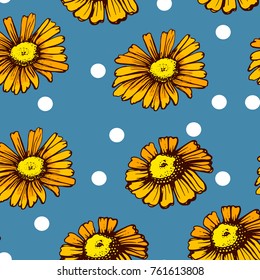 flower on blue background , seamless pattern , vector illustration , hand drawing