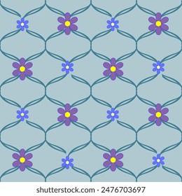 Flower on blue network seamless pattern. Fashion graphic background design. Modern stylish abstract texture. Colorful template for prints, textiles, wrapping wallpaper. Vector illustration