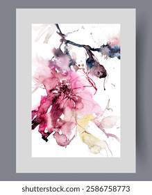 Flower on branch of spring tree with budding buds after warming and end of winter season. Watercolor artwork of blossoming cherry or sakura tree with pink flower appearing before fruit appears