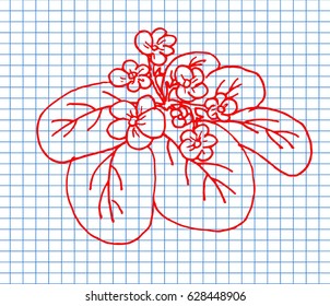 Flower on copybook background. Free hand drawn. Vector illustration. 
