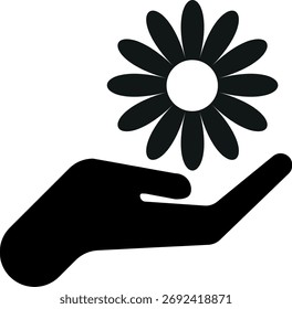 Ícone de flor à mão isolado no plano de fundo branco . Mão segurando ícone de flor . Ilustração vetorial